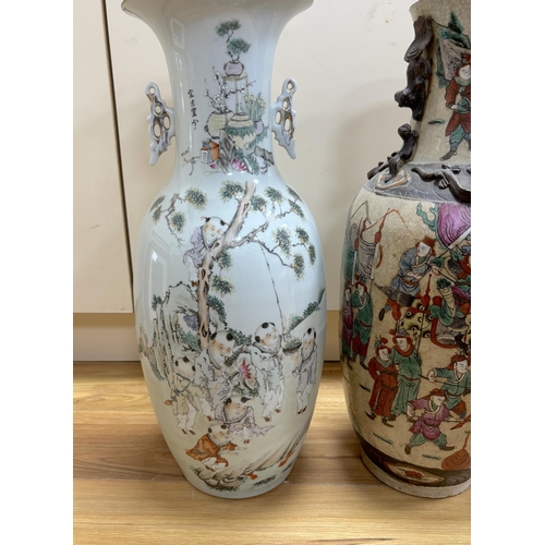 548 - An early 20th century Chinese famille rose crackle glaze vase (damaged) and another, tallest 58cm... 