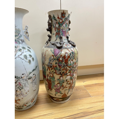 548 - An early 20th century Chinese famille rose crackle glaze vase (damaged) and another, tallest 58cm... 