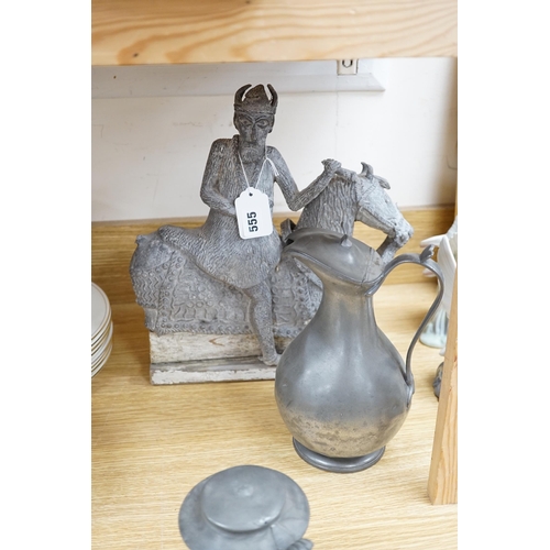 555 - Six pewter items including an 18th-century Continental wriggle work tankard, two more tankards and t... 