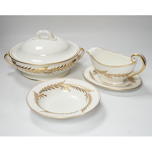 556 - A Minton Malta pattern part dinner service comprising a lidded tureen, dinner plates, side plates, b... 