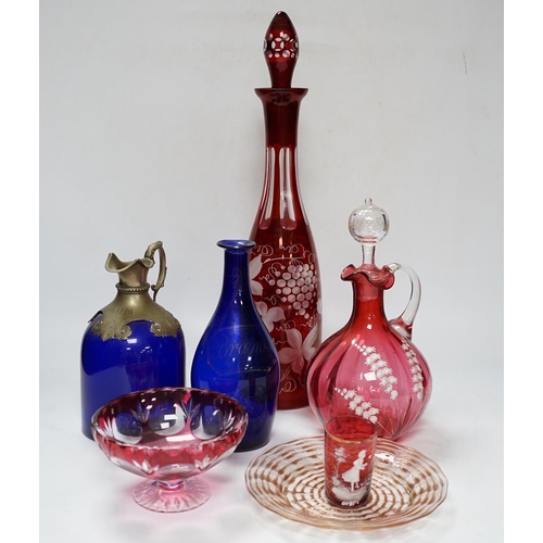 557 - A collection of Bristol blue glassware and other coloured glass including two blue glass decanters, ... 