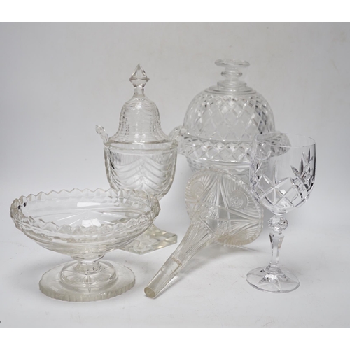 559 - Ten cut glass items including; four pedestal bowls and covers, two oval, pedestal dishes, a two oval... 