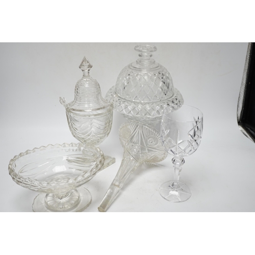 559 - Ten cut glass items including; four pedestal bowls and covers, two oval, pedestal dishes, a two oval... 