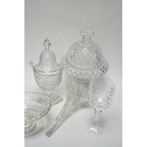 559 - Ten cut glass items including; four pedestal bowls and covers, two oval, pedestal dishes, a two oval... 