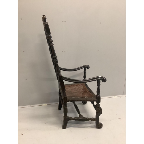 60 - A 17th century and later walnut cane seat high back elbow chair, width 62cm, depth 53cm, height 134c... 