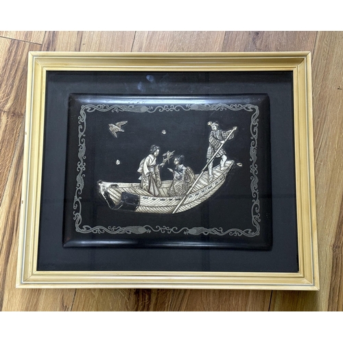 637 - A framed Japanese bone and lacquer panel (album cover), the panel 35 x 27cm