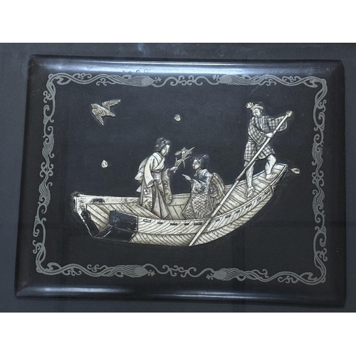 637 - A framed Japanese bone and lacquer panel (album cover), the panel 35 x 27cm