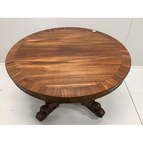 64 - A William IV circular rosewood tilt top pedestal dining table, diameter 121cm, height 72cm