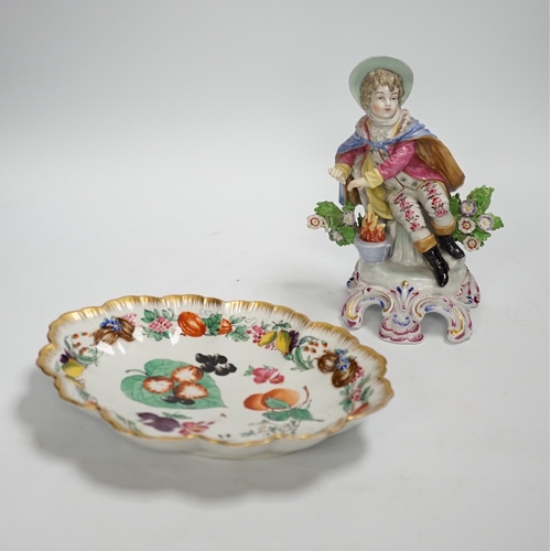 643 - A Continental flower and insect painted dish and a Samson Chelsea style figure, 18cm