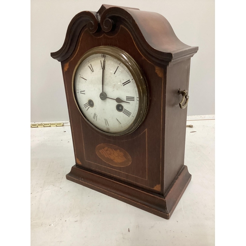 649 - An Edwardian inlaid mahogany mantel clock with enamel dial, 32cm high