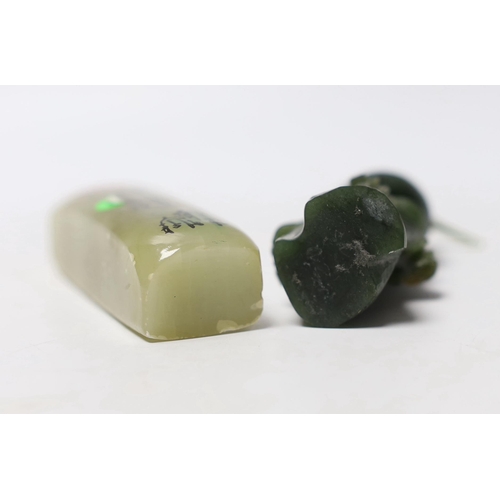 654 - * * A carved spinach green jade model of a bird and a Chinese soapstone scroll weight, largest 7cm h... 