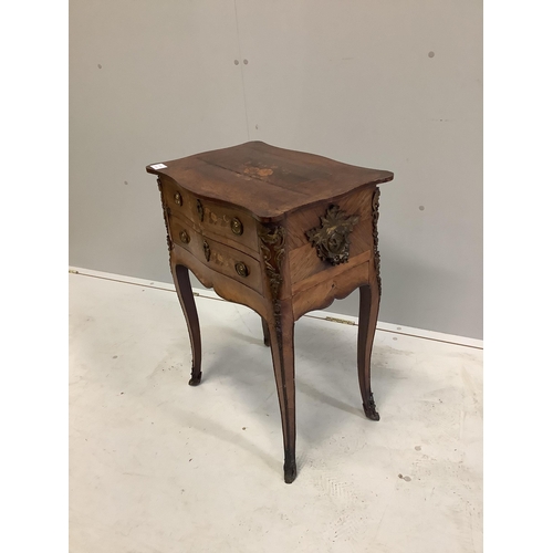 68 - A French marquetry inlaid serpentine side table fitted with two drawers, width 53cm, depth 35cm, hei... 