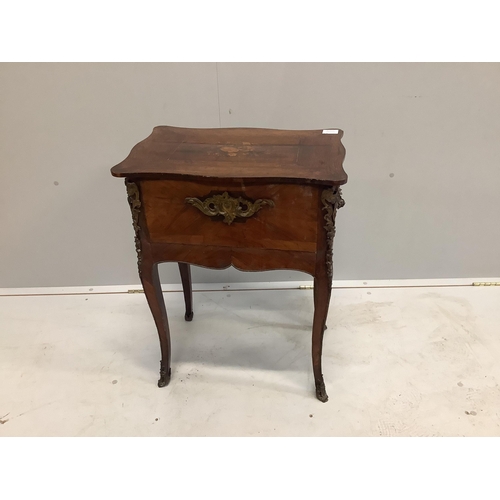 68 - A French marquetry inlaid serpentine side table fitted with two drawers, width 53cm, depth 35cm, hei... 