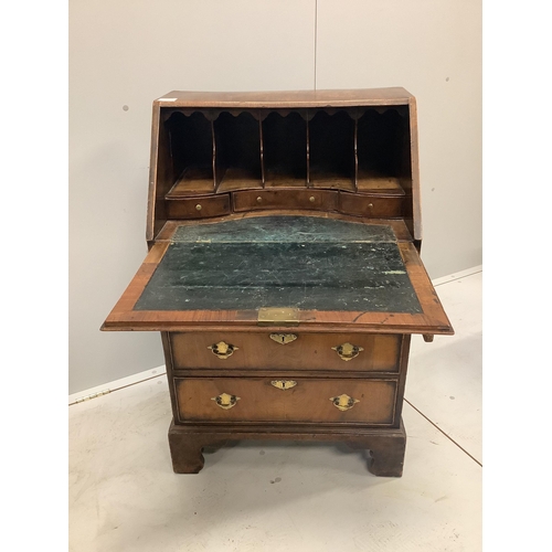 72 - A small George I style feather banded walnut bureau, width 59cm, depth 39cm, height 94cm