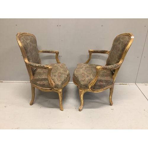 88 - A pair of Louis XVI style giltwood and composition fauteuils, width 61cm, depth 52cm, height 86cm... 