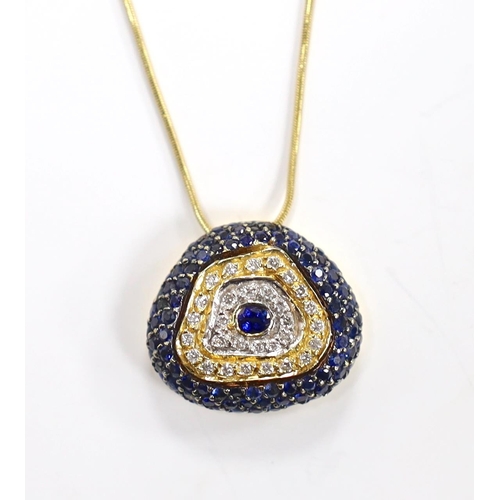 982 - A modern 750 yellow metal, sapphire and diamond cluster set pendant necklace, overall 44cm, gross we... 