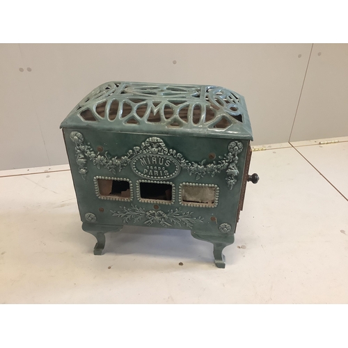 124 - An early 20th century 'Mirus' enamelled cast iron heater, width 47cm, depth 26cm, height 54cm