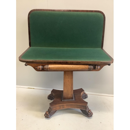 1040 - A William IV rosewood folding card table, width 90cm, depth 43cm, height 77cm