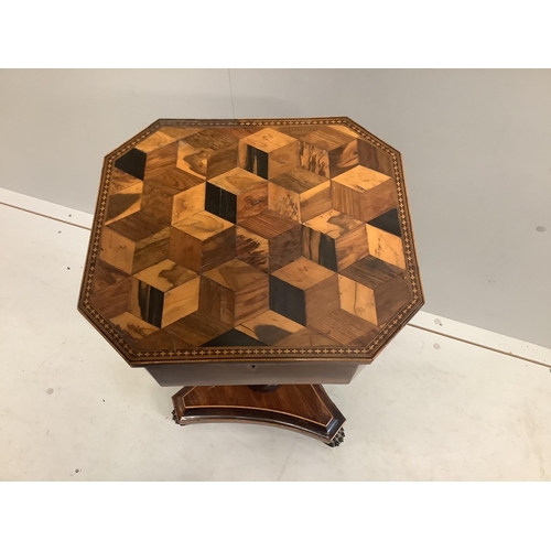 1045 - An early 19th century parquetry inlaid octagonal rosewood teapoy, width 38cm, depth 34cm, height 73c... 