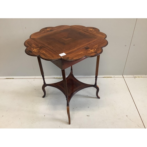 1049 - An Edwardian inlaid rosewood drop flap two tier centre table, width 46cm, depth 46cm, height 74cm... 