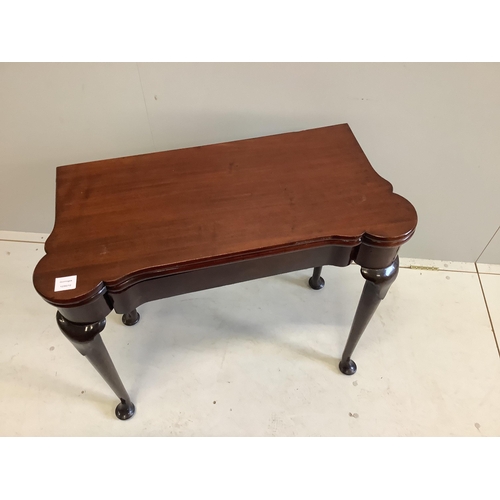 1079 - A George II mahogany folding card table, ex Arthur Bryant, width 83cm, depth 40cm, height 72cm... 