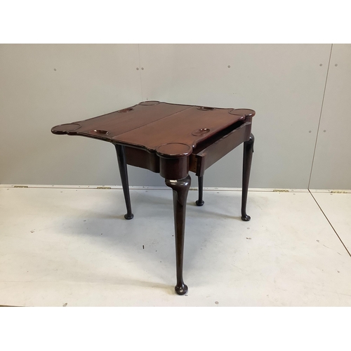 1079 - A George II mahogany folding card table, ex Arthur Bryant, width 83cm, depth 40cm, height 72cm... 