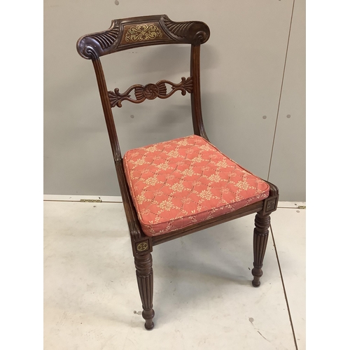 1086 - A set of eight Regency cut brass inlaid faded rosewood cane seat dining chairs, width 45cm, depth 40... 