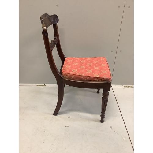 1086 - A set of eight Regency cut brass inlaid faded rosewood cane seat dining chairs, width 45cm, depth 40... 