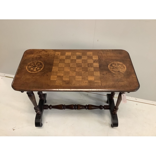 1104 - A Victorian rectangular walnut games table, width 78cm, depth 39cm, height 68cm