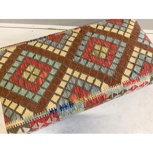 1164 - A rectangular Kilim footstool, on oak feet width 111cm, depth 60cm, height 25cm