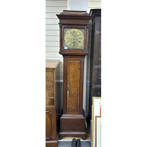 1165 - A mid 18th century inlaid oak eight day longcase clock with a square brass dial, Richard Bullock, El... 