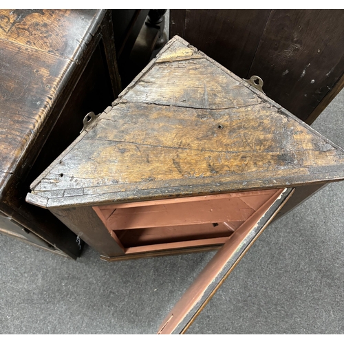 1167 - A late 18th century oak hanging corner cupboard, width 55cm, depth 30cm, height 80cm