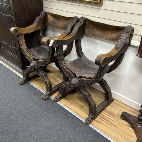 1179 - * * A pair of 19th century Italian Savonarola X framed elbow chairs, with leather backs and seat... 