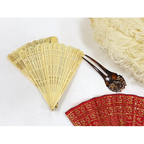 1279 - A Regency sequin and horn fan, a bone brise fan, a large white feather fan and a similar miniature f... 