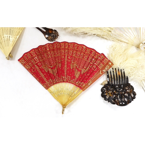 1279 - A Regency sequin and horn fan, a bone brise fan, a large white feather fan and a similar miniature f... 