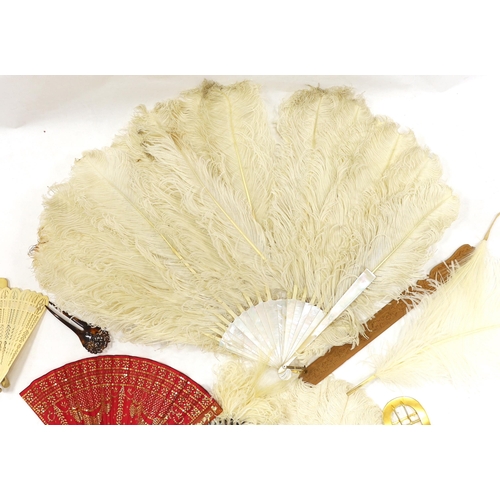 1279 - A Regency sequin and horn fan, a bone brise fan, a large white feather fan and a similar miniature f... 