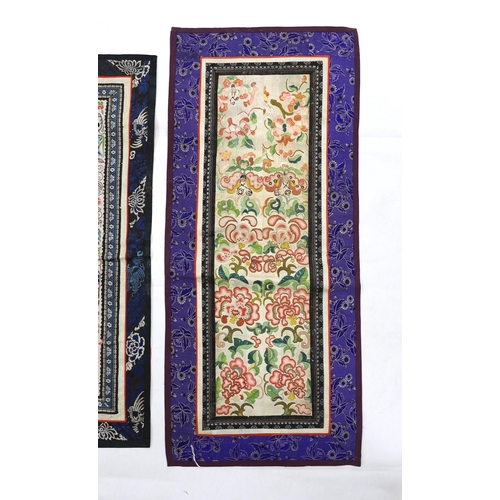 1290 - Three Beijing knot pairs of sleeve bands bordered with silk brocade and one pair embroidered with po... 