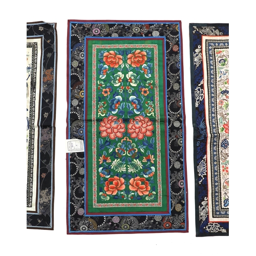 1290 - Three Beijing knot pairs of sleeve bands bordered with silk brocade and one pair embroidered with po... 