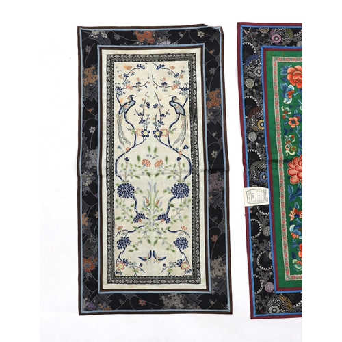 1290 - Three Beijing knot pairs of sleeve bands bordered with silk brocade and one pair embroidered with po... 