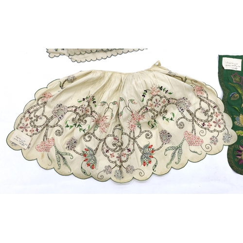 1291 - A late 18th century green silk scalloped bordered ladys apron border, ornately embroidered with gol... 