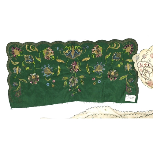 1291 - A late 18th century green silk scalloped bordered ladys apron border, ornately embroidered with gol... 