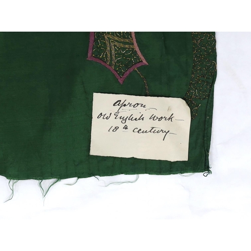 1291 - A late 18th century green silk scalloped bordered ladys apron border, ornately embroidered with gol... 