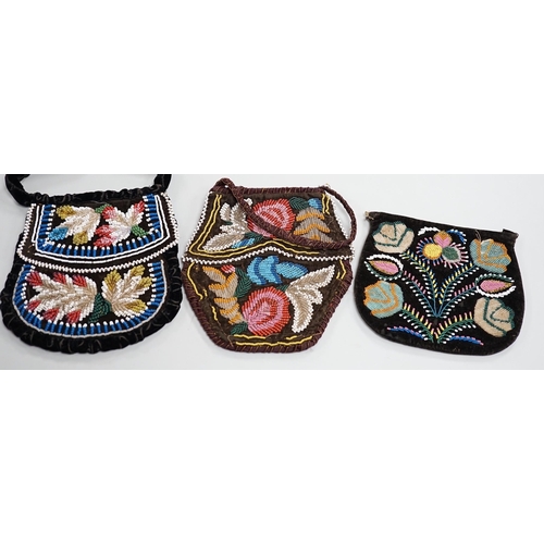 1329 - Three mid to late 19th century North American Indian glass beaded velvet bags