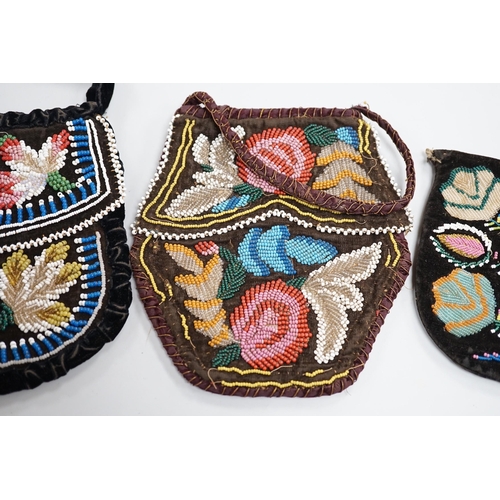 1329 - Three mid to late 19th century North American Indian glass beaded velvet bags