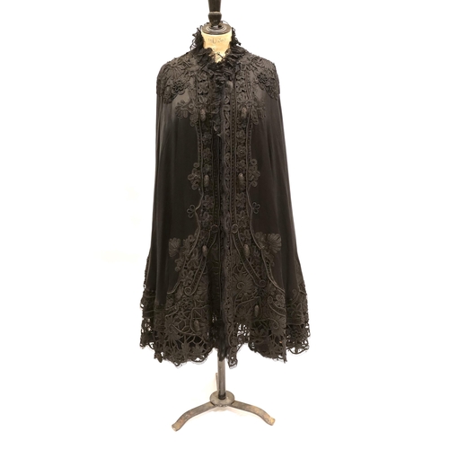 1336 - A Victorian black silk and tape lace opera cape, with black pleated chiffon collar