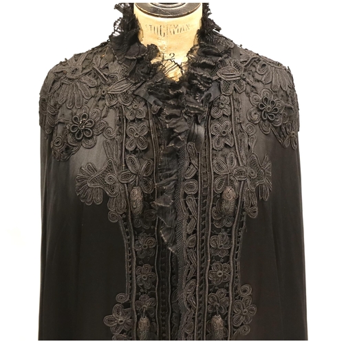 1336 - A Victorian black silk and tape lace opera cape, with black pleated chiffon collar