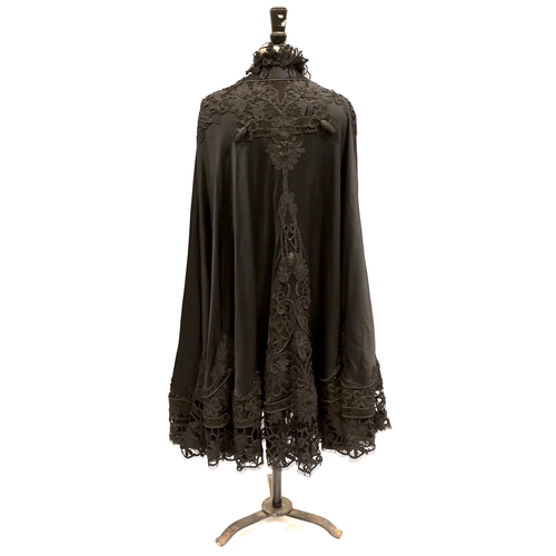 1336 - A Victorian black silk and tape lace opera cape, with black pleated chiffon collar