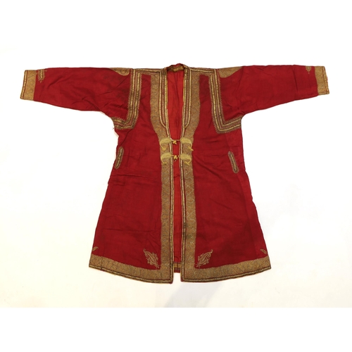 1338 - A late 19th century gentlemans quilted red silk Indian Chogha, embroidered with ornate gold and sil... 