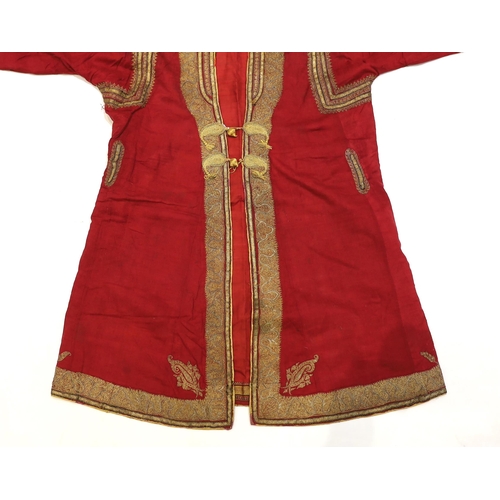 1338 - A late 19th century gentlemans quilted red silk Indian Chogha, embroidered with ornate gold and sil... 