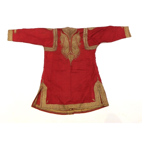 1338 - A late 19th century gentlemans quilted red silk Indian Chogha, embroidered with ornate gold and sil... 